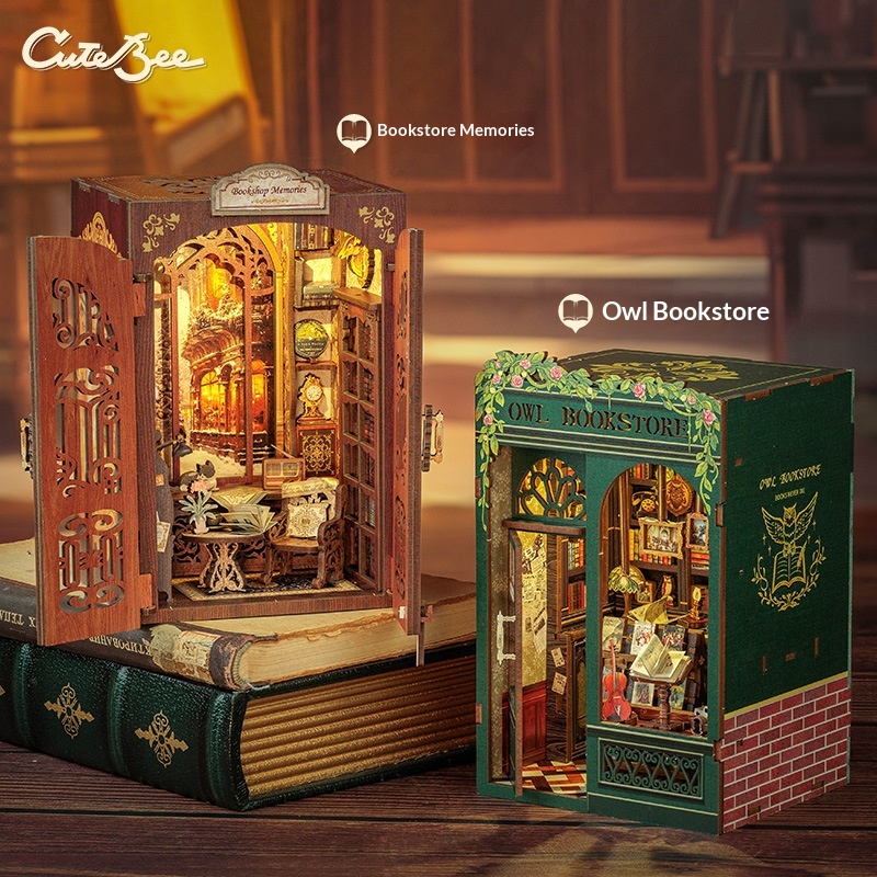 CuteBee Owl Bookstore DIY Wooden 3D Handmade Assembly Book Stand Model Toy Color Box Packaging