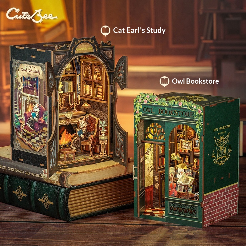 CuteBee Owl Bookstore DIY Wooden 3D Handmade Assembly Book Stand Model Toy Color Box Packaging
