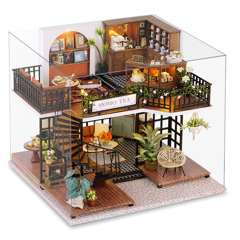 Smart Fun House DIY Jungle Momo Tea Retro Main Double-Story Villa Wood House Model Gift