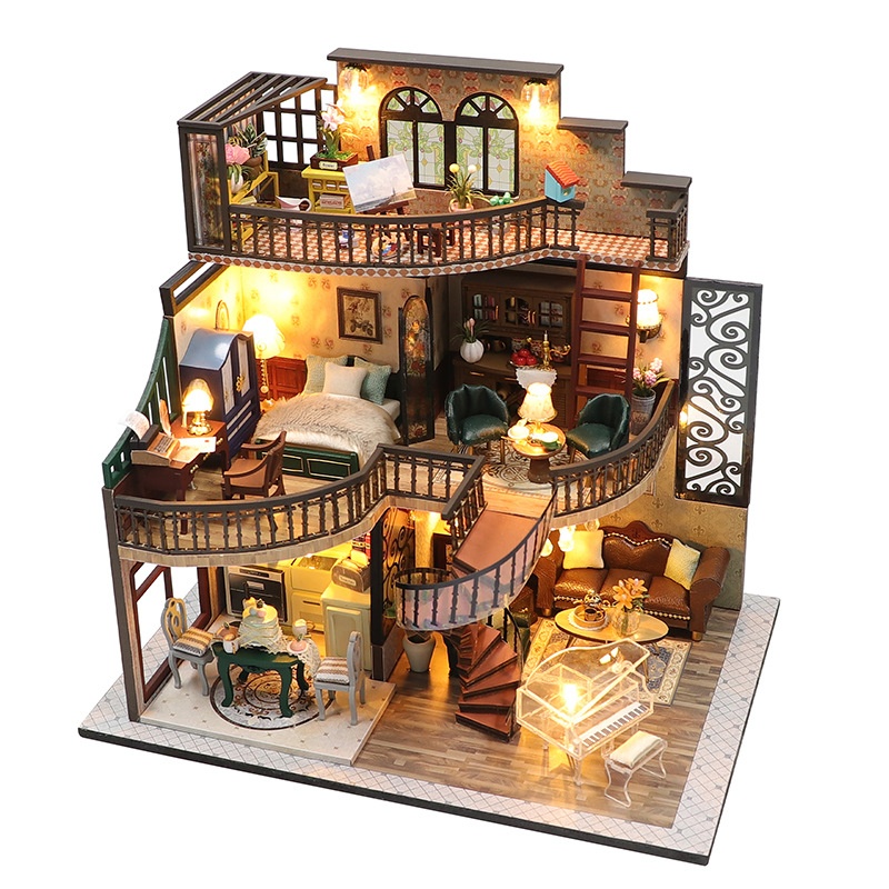 DIY Wooden 3D Puzzle Three-story Loft Apartment Vintage Building Model Creative Toy Gift for Adult Desk Decoration