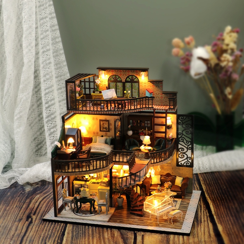 DIY Wooden 3D Puzzle Three-story Loft Apartment Vintage Building Model Creative Toy Gift for Adult Desk Decoration