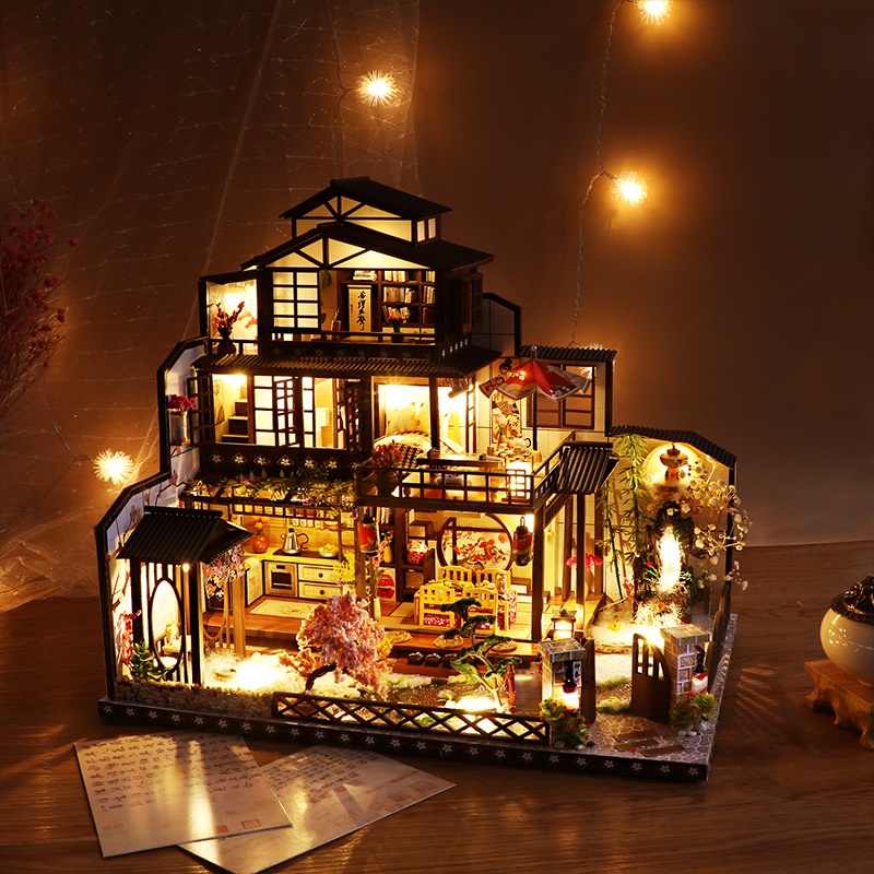 New DIY Wooden House Ancient Capital Moon Viewing Creative Retro Japanese Style Hand Assembled Building Model Villa Toy