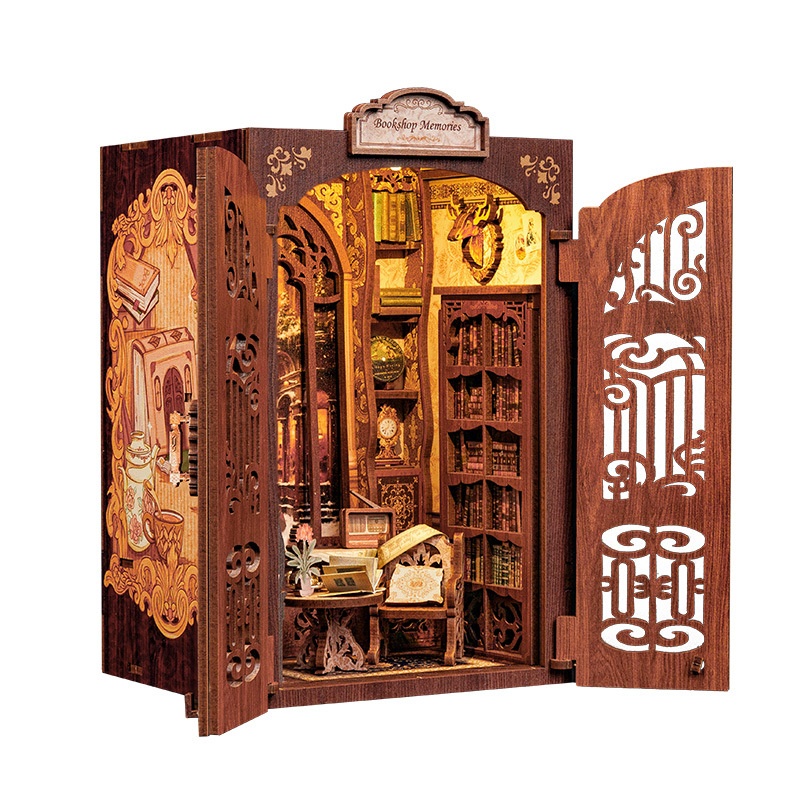 CuteBee Owl Bookstore DIY Wooden 3D Handmade Assembly Book Stand Model Toy Color Box Packaging
