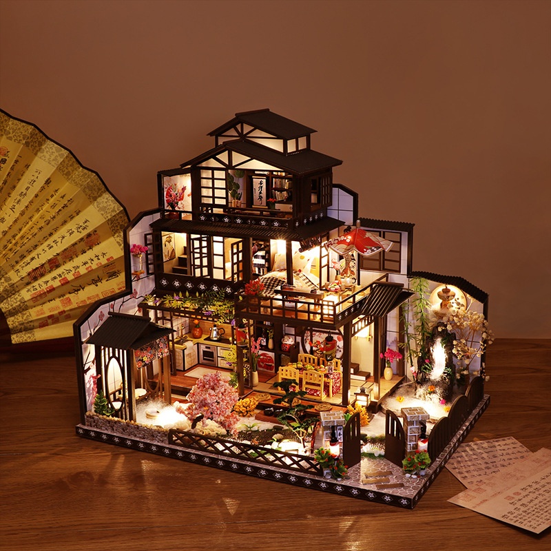 New DIY Wooden House Ancient Capital Moon Viewing Creative Retro Japanese Style Hand Assembled Building Model Villa Toy
