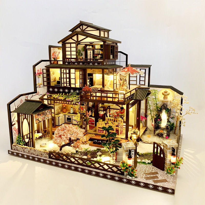 New DIY Wooden House Ancient Capital Moon Viewing Creative Retro Japanese Style Hand Assembled Building Model Villa Toy