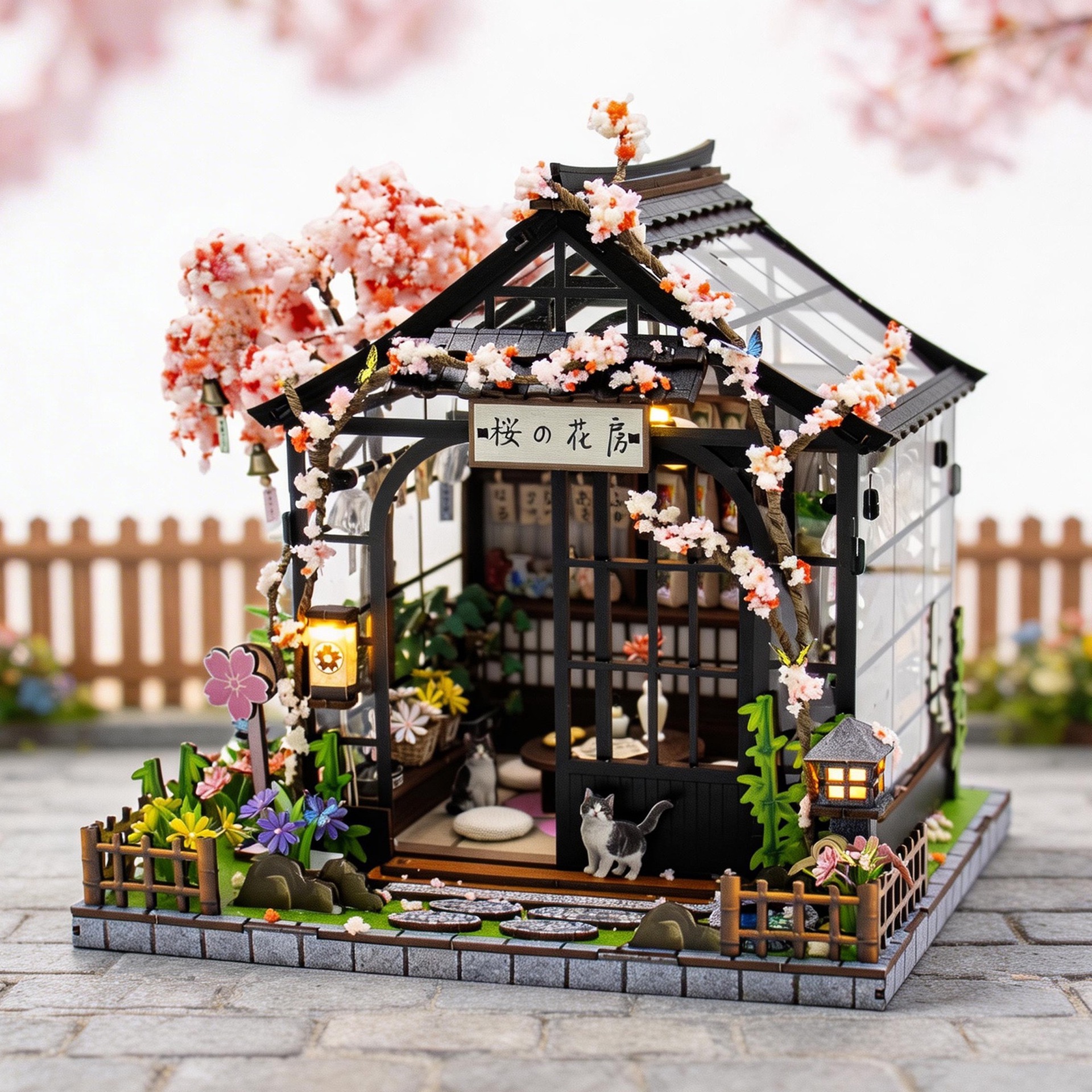 DIY Cottage Spring Field Cherry Language Greenhouse 3D Three-dimensional Assembly Wood Building Model Decompression Toy