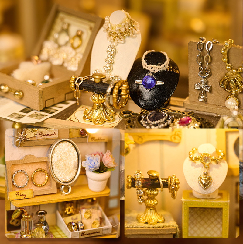 DIY Miniature House Jewelry Store Wooden Handmade Model Assembly Art Toy Birthday Gift in Color Box