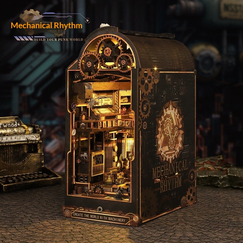 DIY Cottage Mechanical Rhythm 3D Assembled Wood Book Stand House Miniature Model Building Toy Color Box