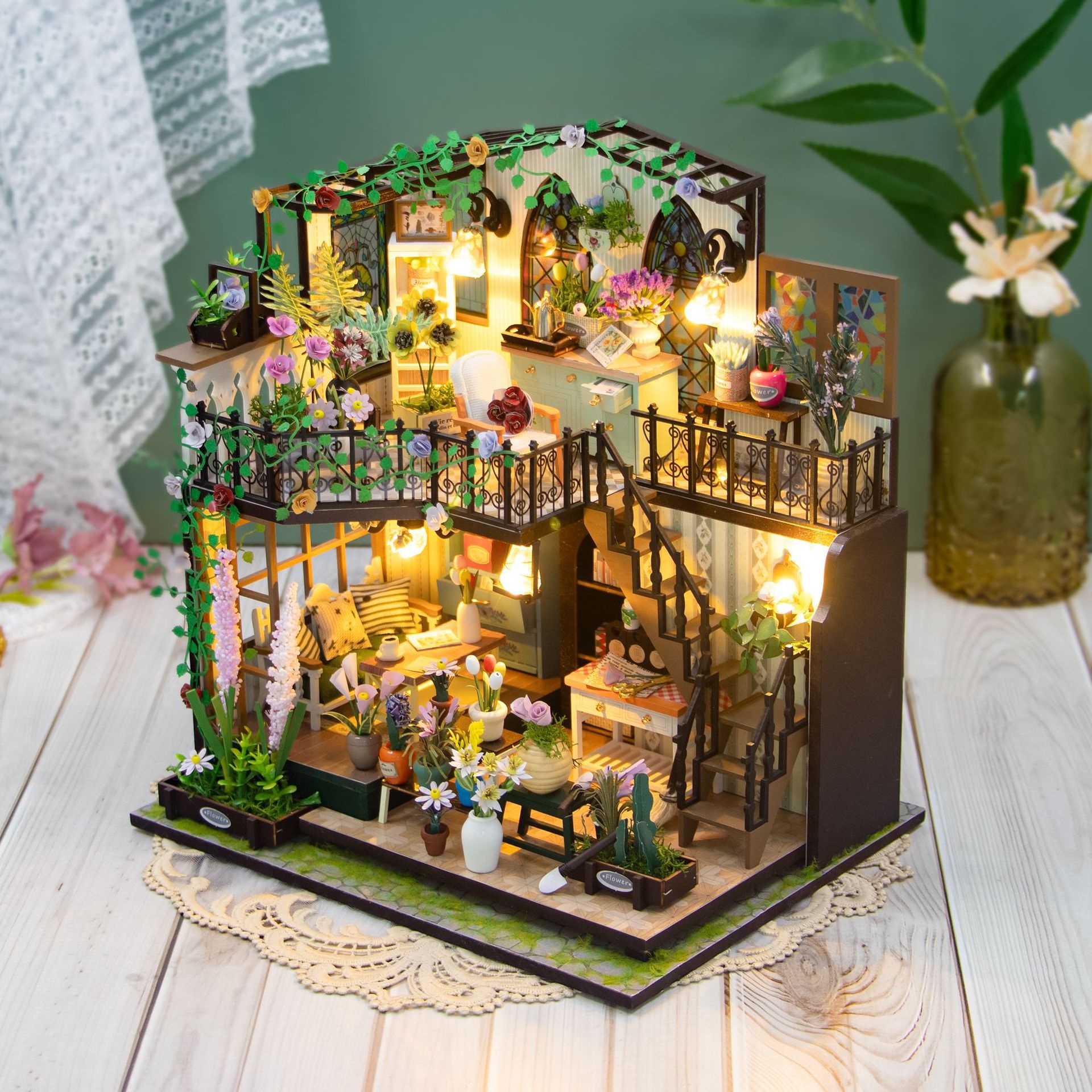 DIY Wood Miniature House Daxi Flower House 3D Assembled Double-Storey Building Model Infant Stress Relief Toy Gift