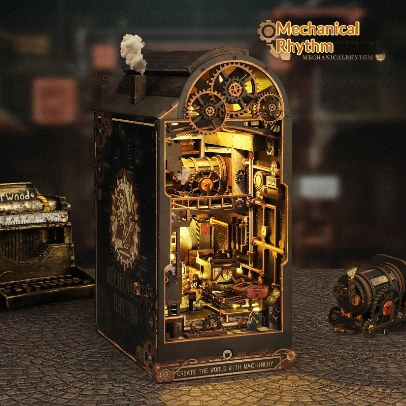 DIY Cottage Mechanical Rhythm 3D Assembled Wood Book Stand House Miniature Model Building Toy Color Box