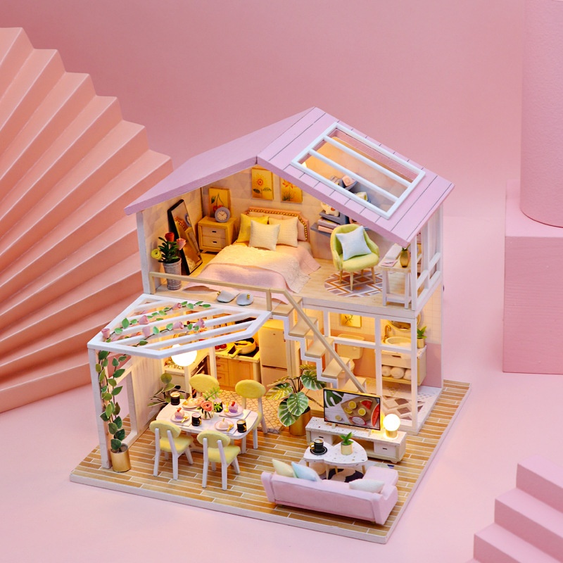 DIY Sweet Time Cottage Wooden Handmade Assembled Villa Model Creative Duplex Loft Gift for Girls Color Box