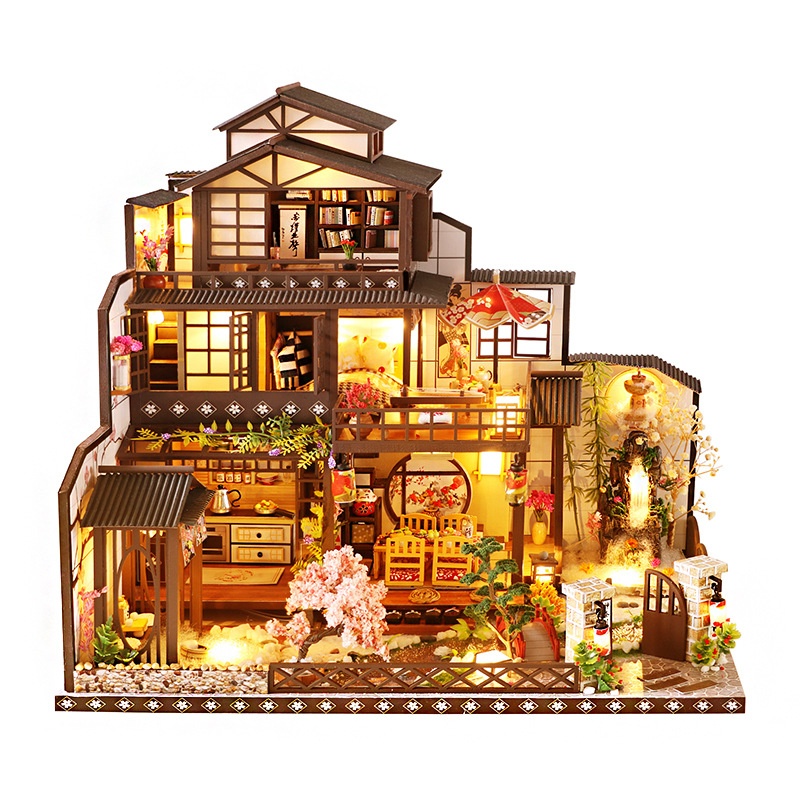 New DIY Wooden House Ancient Capital Moon Viewing Creative Retro Japanese Style Hand Assembled Building Model Villa Toy