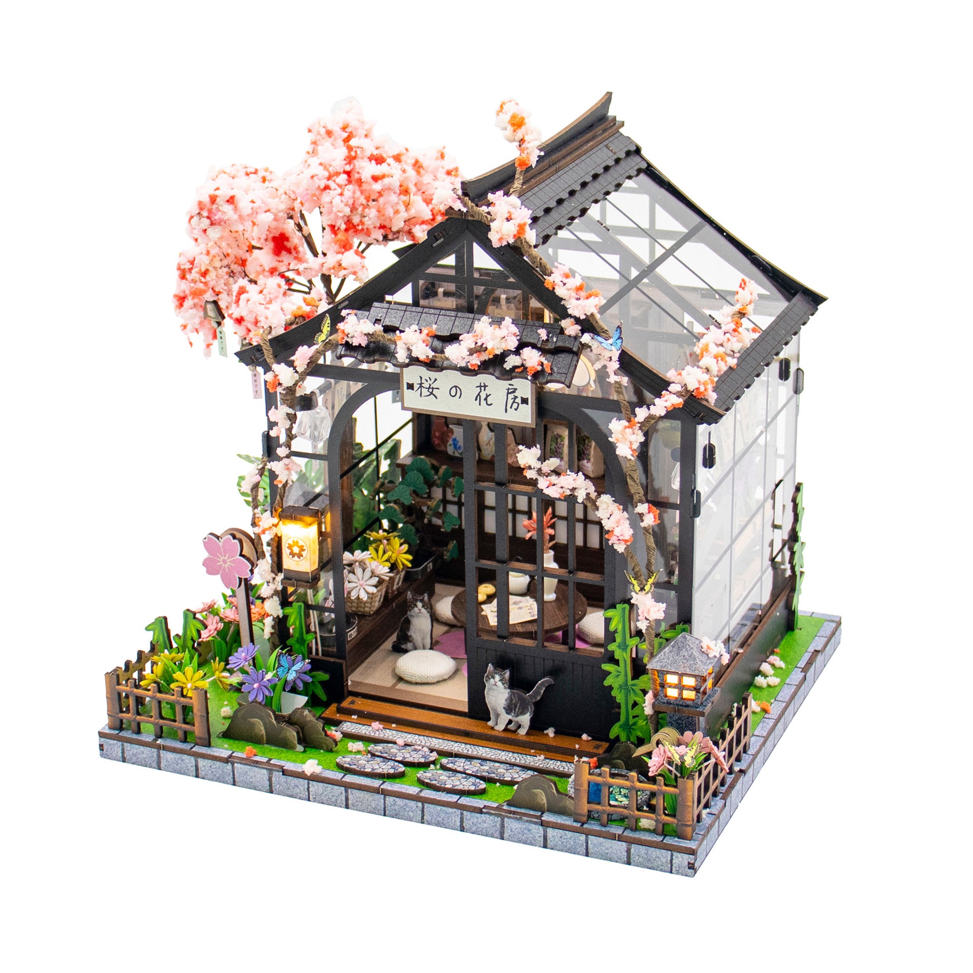 DIY Cottage Spring Field Cherry Language Greenhouse 3D Three-dimensional Assembly Wood Building Model Decompression Toy