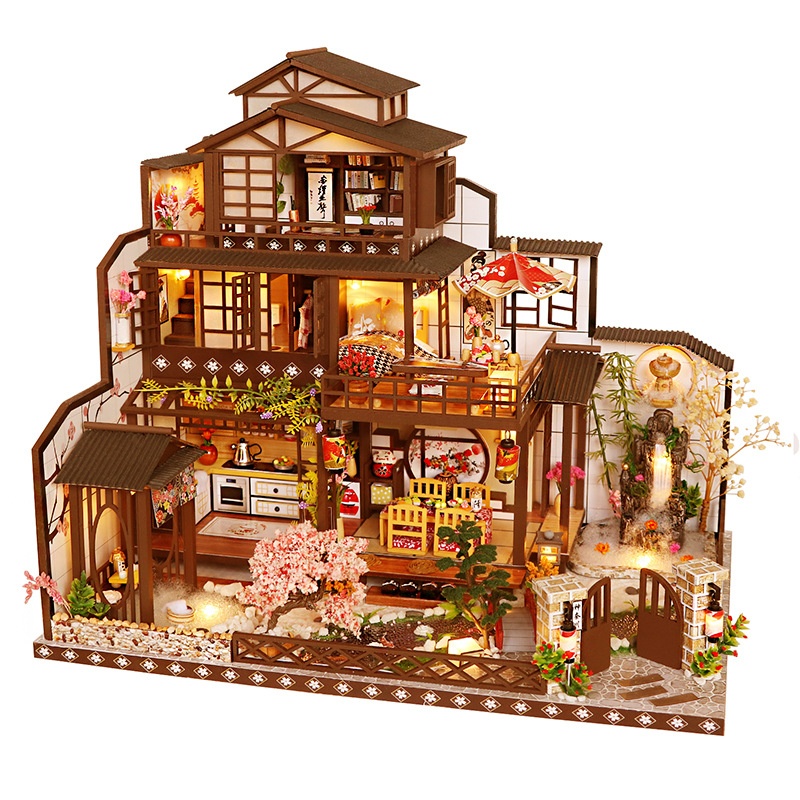 New DIY Wooden House Ancient Capital Moon Viewing Creative Retro Japanese Style Hand Assembled Building Model Villa Toy