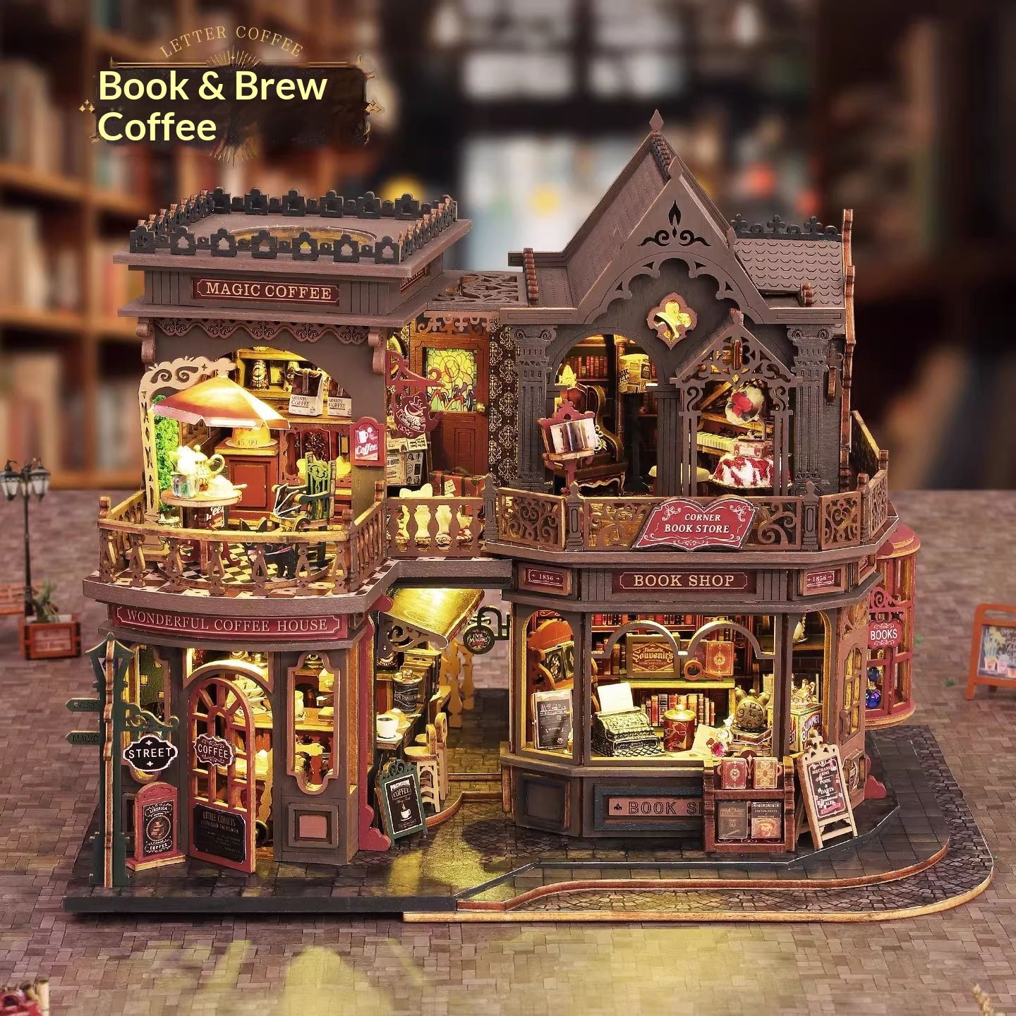 DIY Wood Cottage Book Letter Coffee Handmade Assembly Villa Model Decoration