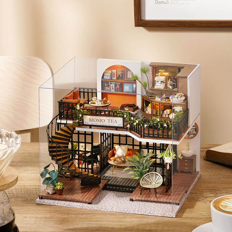 Smart Fun House DIY Jungle Momo Tea Retro Main Double-Story Villa Wood House Model Gift