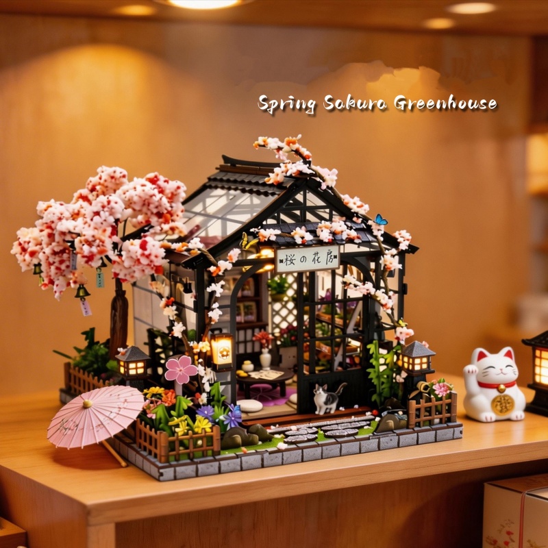 DIY Cottage Spring Field Cherry Language Greenhouse 3D Three-dimensional Assembly Wood Building Model Decompression Toy