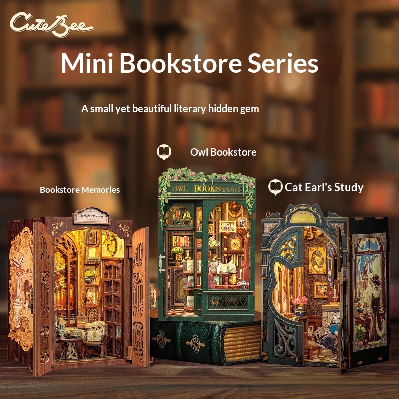 CuteBee Owl Bookstore DIY Wooden 3D Handmade Assembly Book Stand Model Toy Color Box Packaging