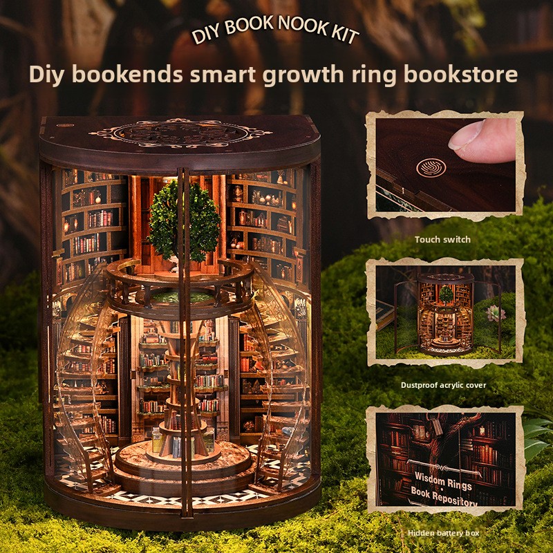 Hut DIY Smart Annual Ring Bookstore 3D Hand-assembled Wooden Building Model Ornaments Creative Baby Toys Gift