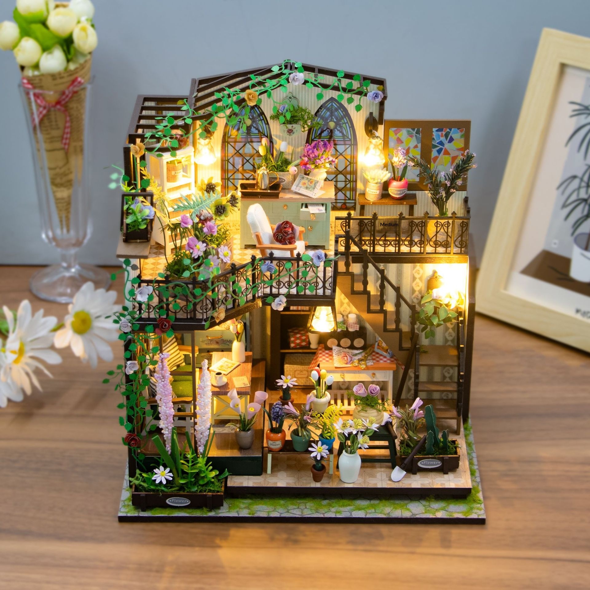 DIY Wood Miniature House Daxi Flower House 3D Assembled Double-Storey Building Model Infant Stress Relief Toy Gift
