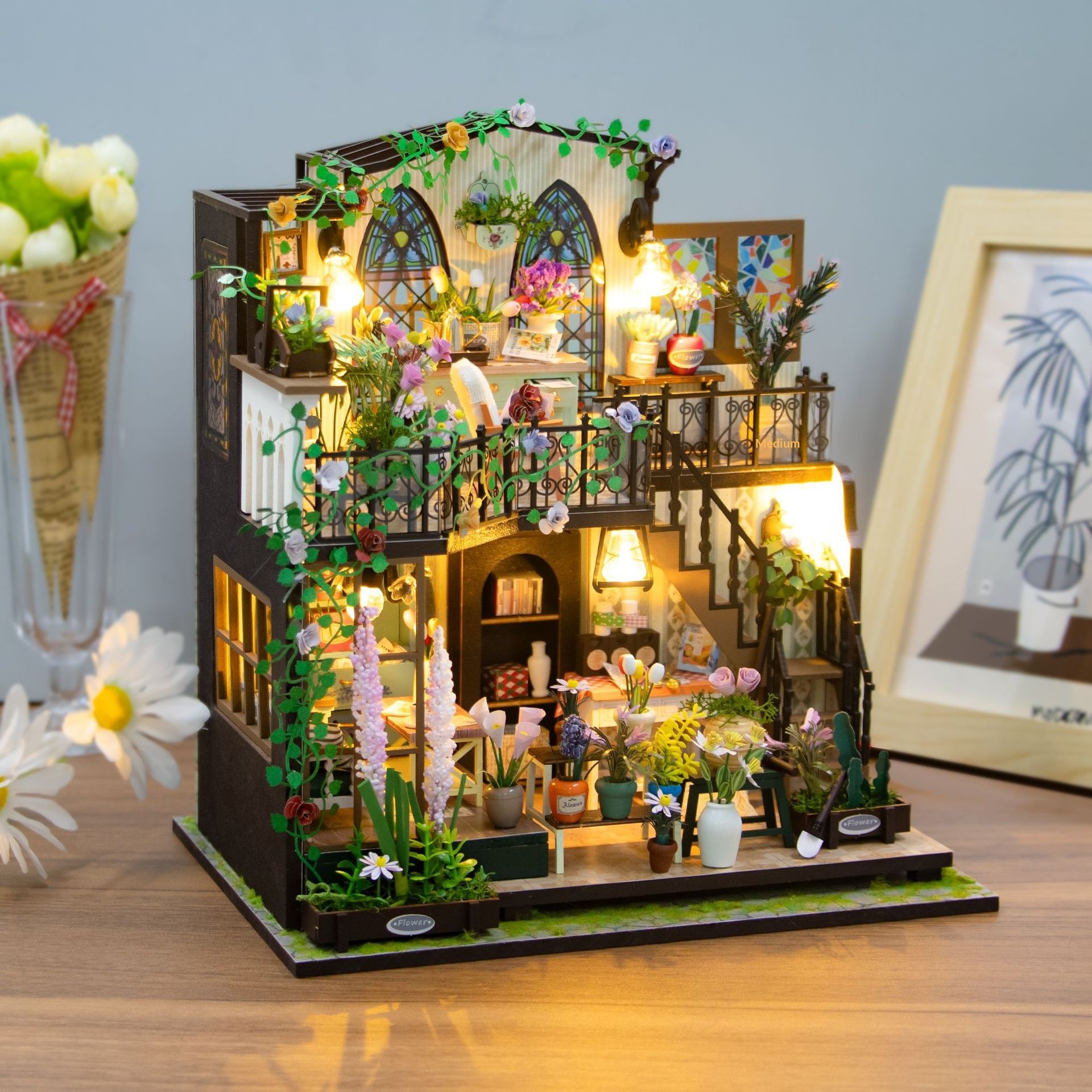 DIY Wood Miniature House Daxi Flower House 3D Assembled Double-Storey Building Model Infant Stress Relief Toy Gift