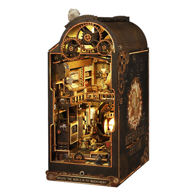 DIY Cottage Mechanical Rhythm 3D Assembled Wood Book Stand House Miniature Model Building Toy Color Box